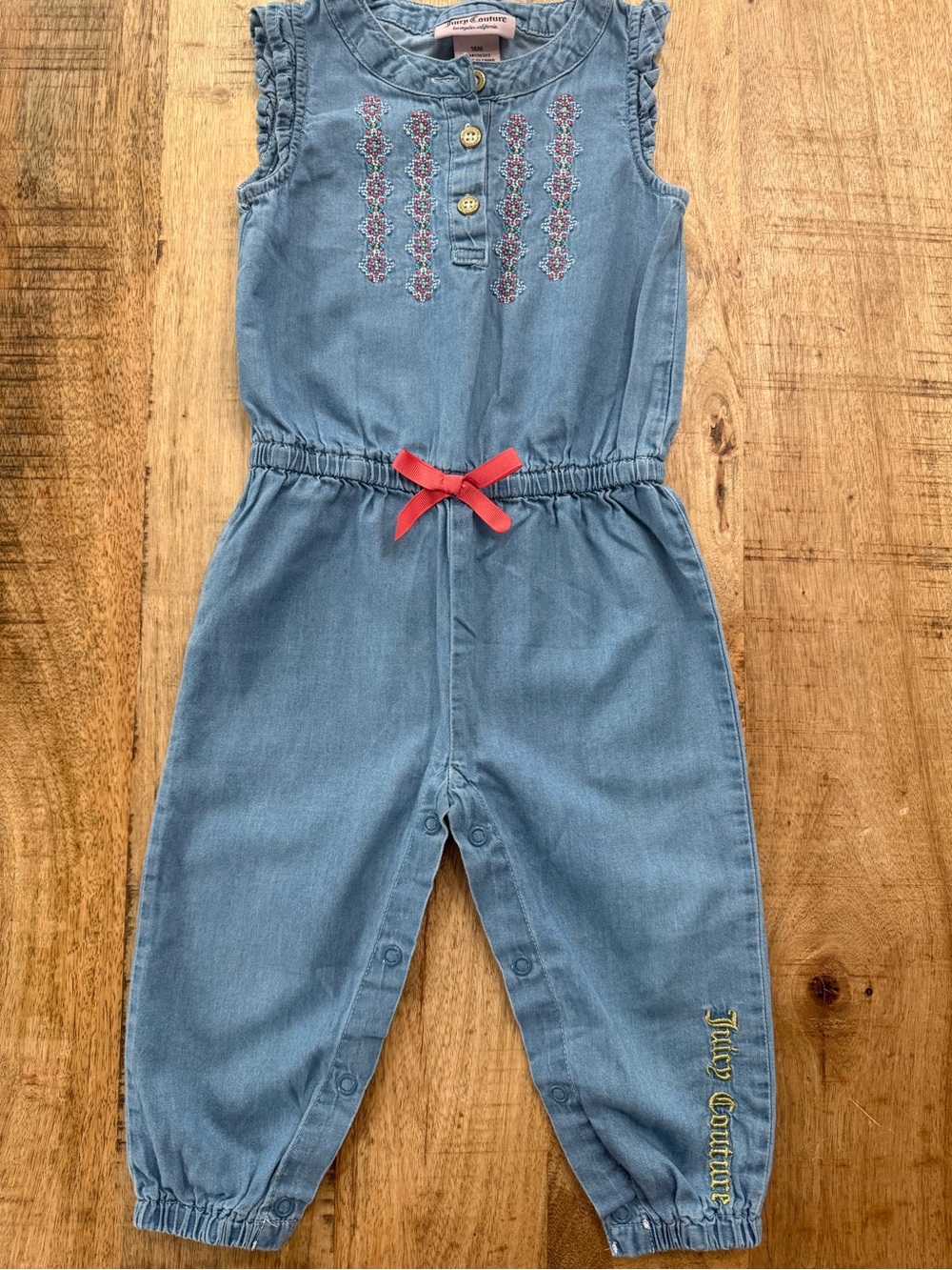 Juicy Couture Light Blue Denim Romper with Red Bow